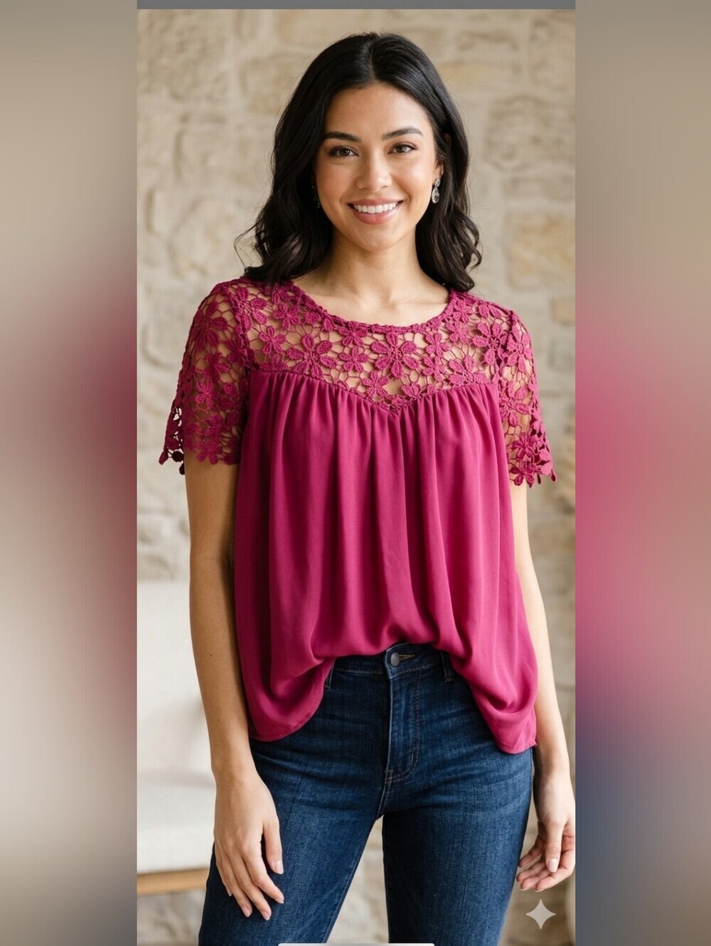 Umgee Floral Lace Yoke Short Sleeve Blouse in Berry